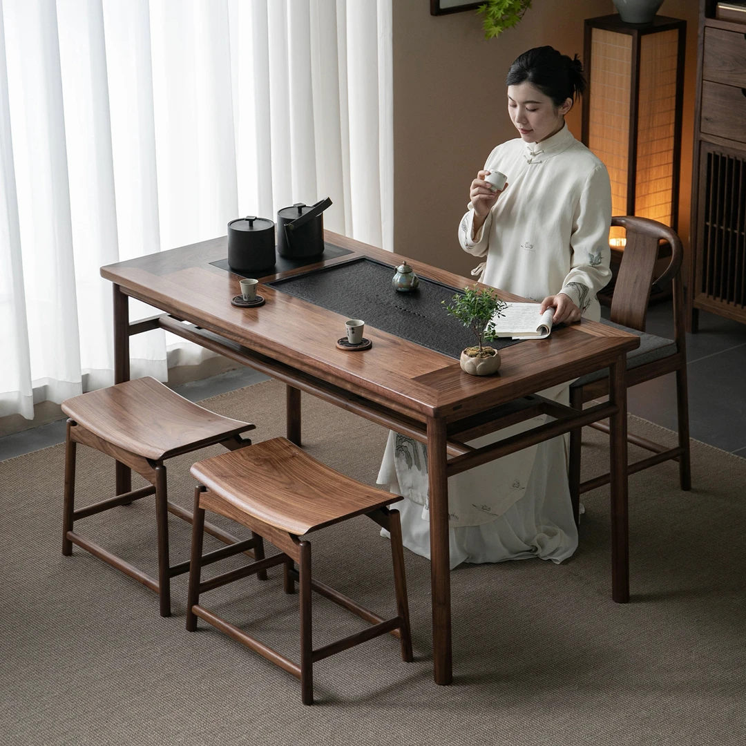 实木阳台茶桌新中式胡桃木茶桌椅组合家用小茶台烧水壶一体