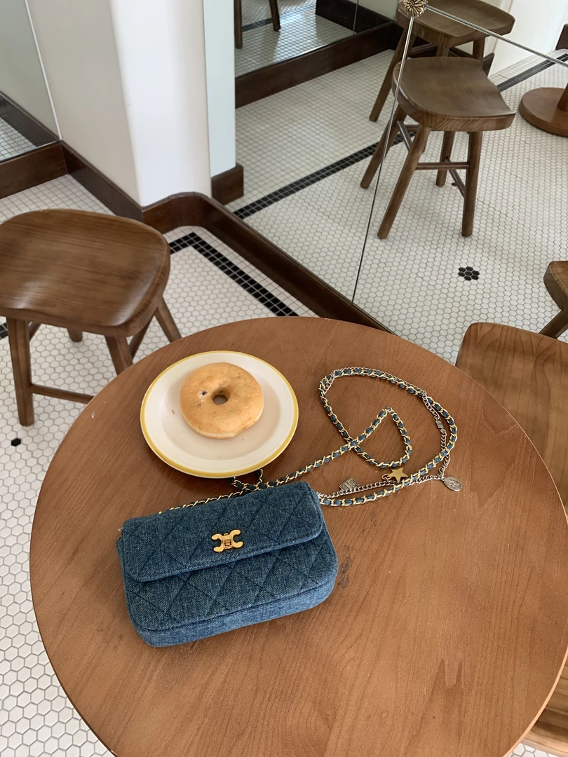 牛仔包迷你复古小香风菱格链条手机包2025新款单肩斜挎包#F701