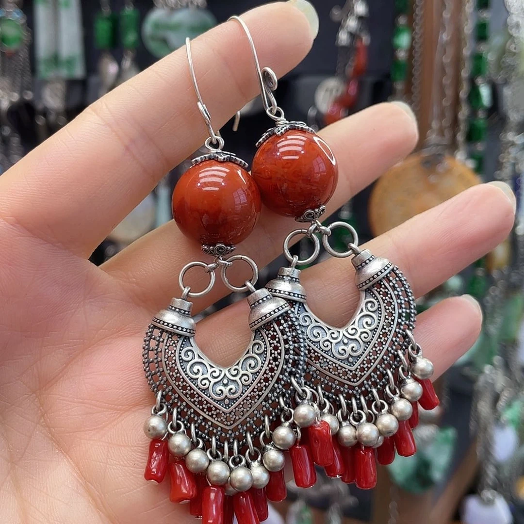 得***洋南红玛瑙银S925镶嵌耳饰378fghhh