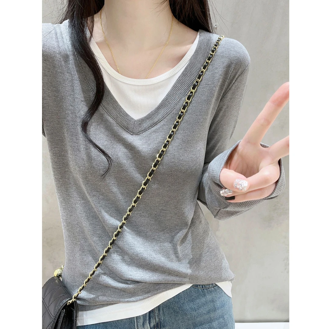 假两件撞色T恤女秋冬季设计感黑色螺纹棉百搭修身长袖打底衫上衣