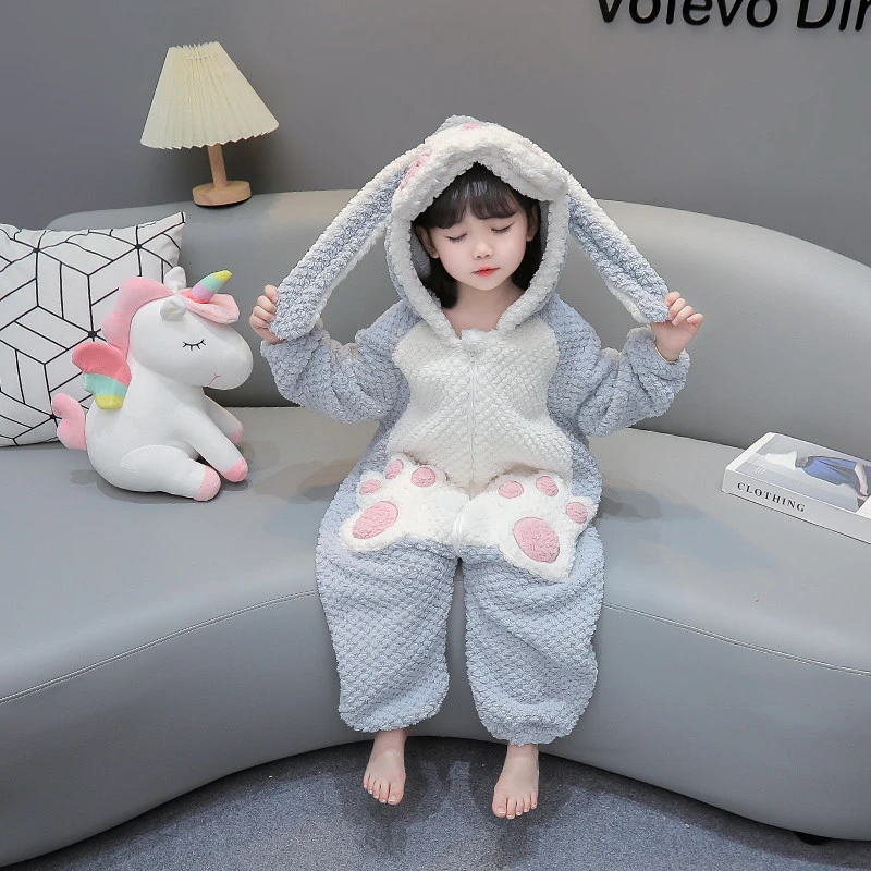 儿童连体睡衣冬季法兰绒家居服法兰绒爬服婴儿睡袋男女童卡通衣服