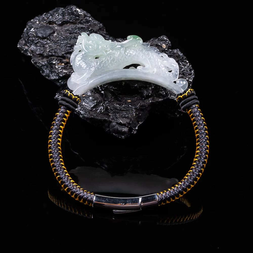 缅甸翡翠手牌冰润飘绿龙牌手绳天然翡翠A货手工编织