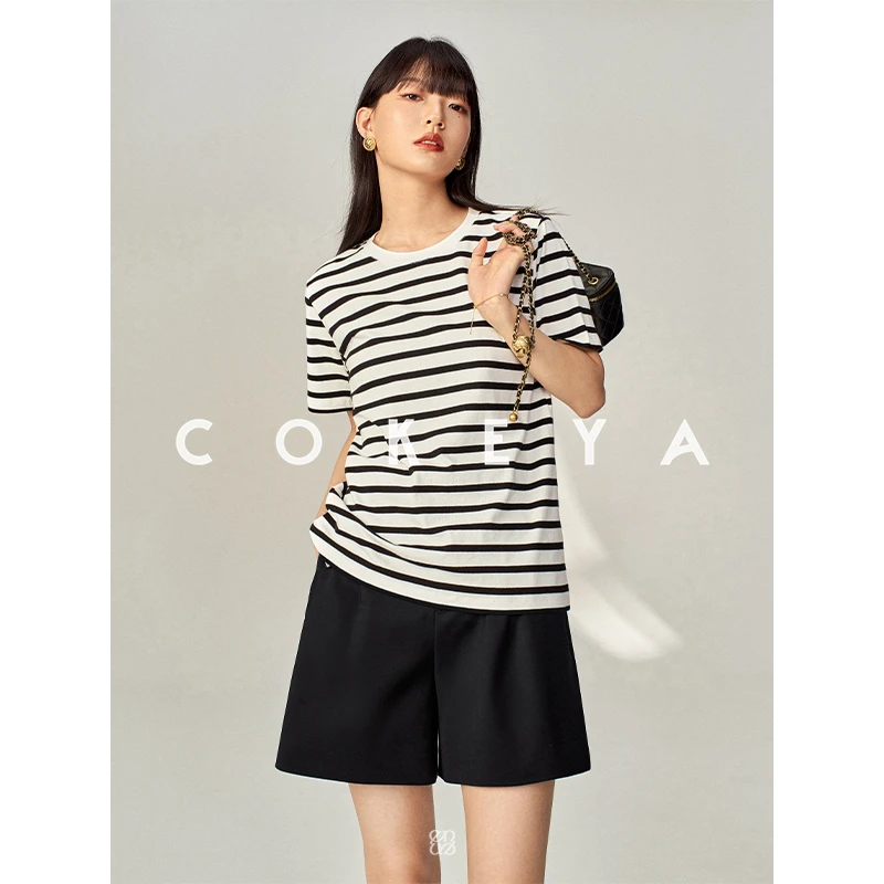 COKEYA/经典海魂衫~百搭舒适高支匹马棉条纹圆领直筒宽松T恤短袖