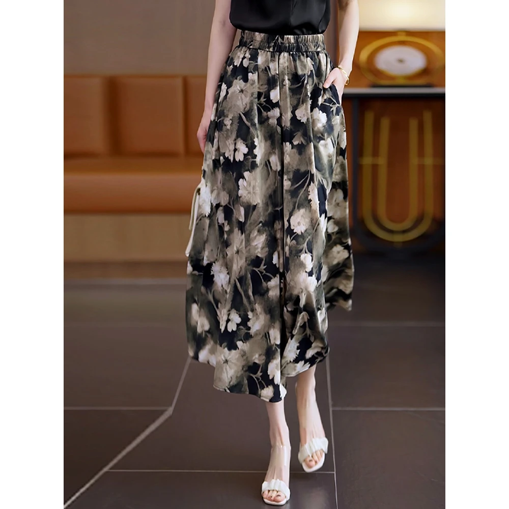 印花雪纺阔腿裙裤显瘦九分裤子女2025年夏天薄款国风大裤腿休闲裤