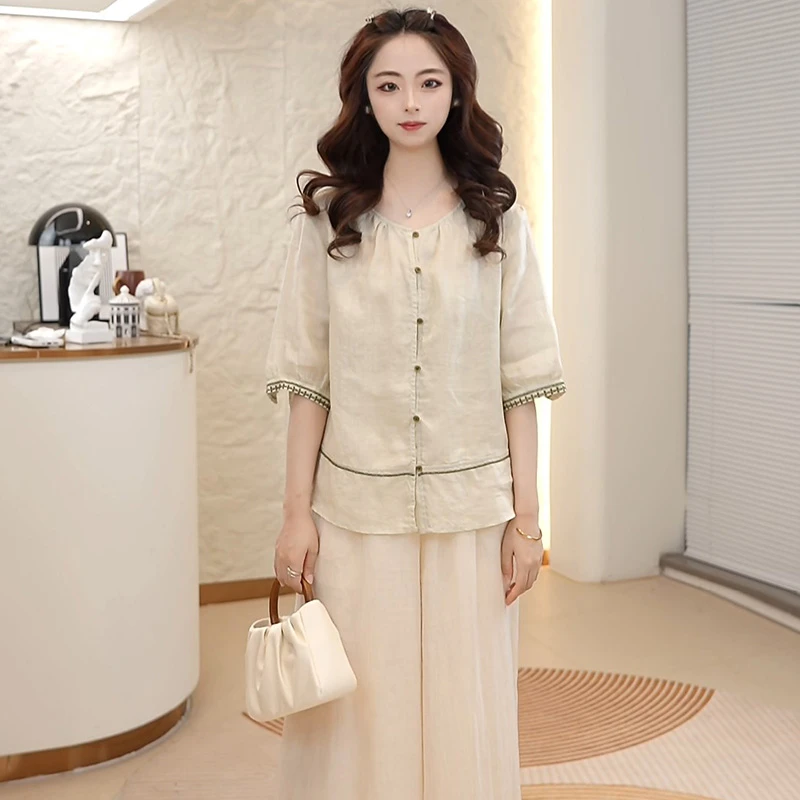 2025夏季女士苎麻中袖上衣洋气百搭时尚显瘦简约小众T恤L08-8825
