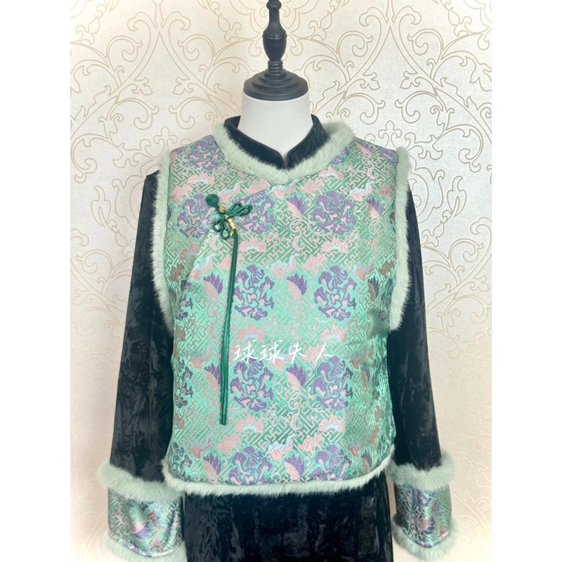 球球夫人丨黛尔）120cm冬季加绒粉色黑色后拉链丝绒显瘦复古旗袍