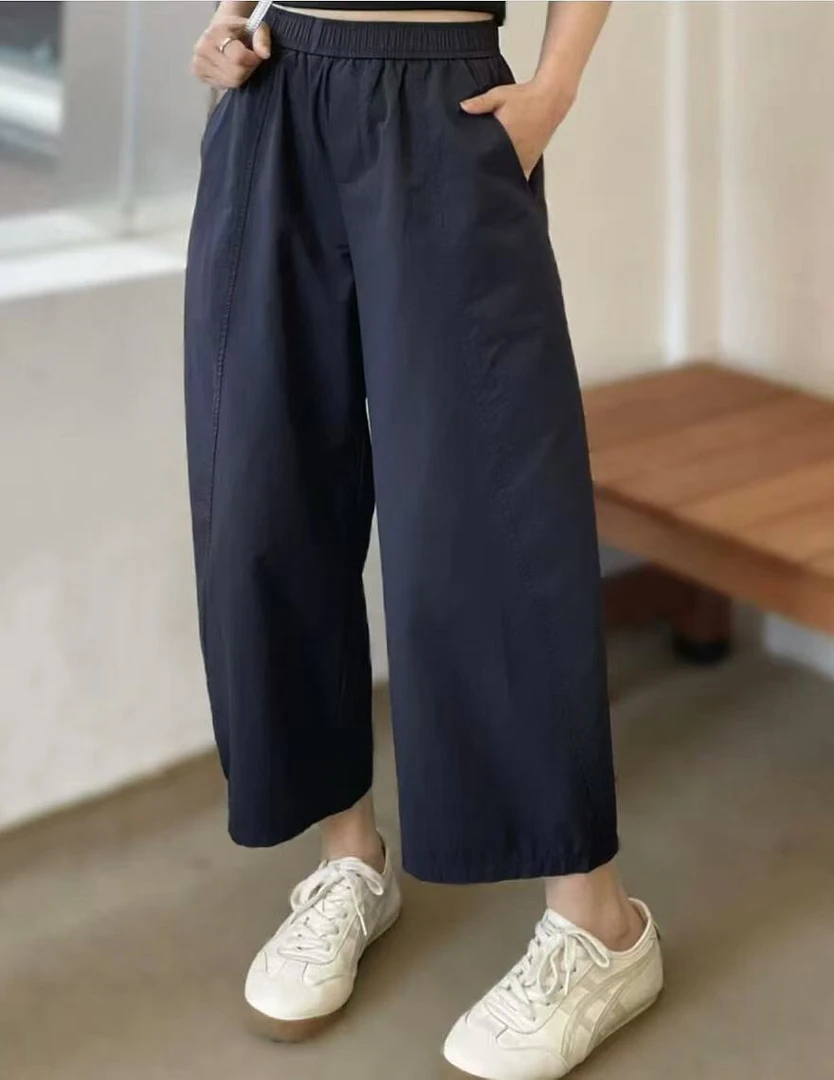 155夏季新款松紧腰高腰显瘦窄版九分花苞气球裤