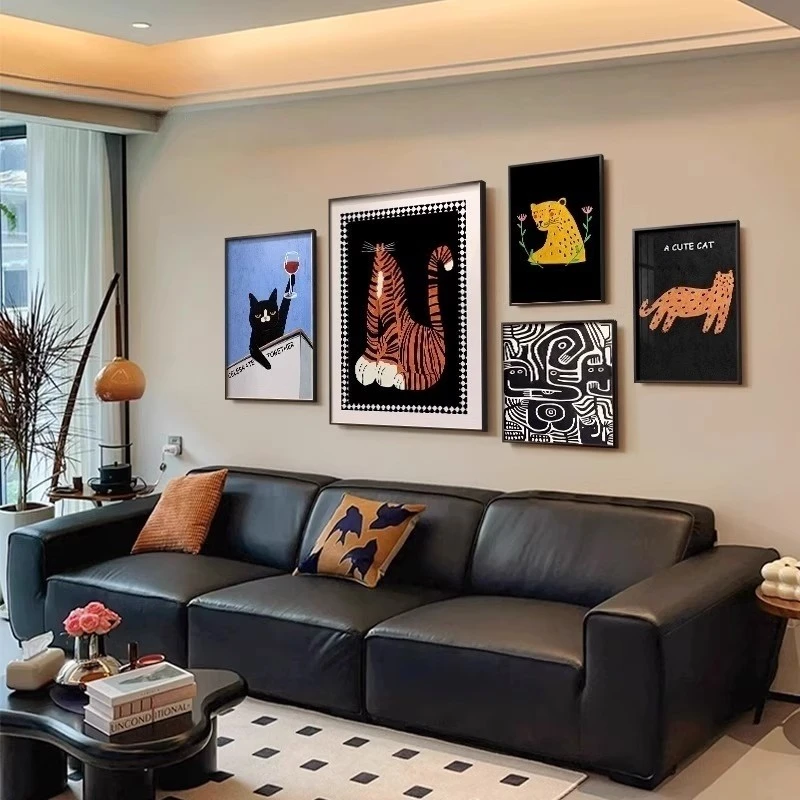 多巴胺客厅装饰画中古风小众复古卡通壁画美式沙发背景墙组合挂画