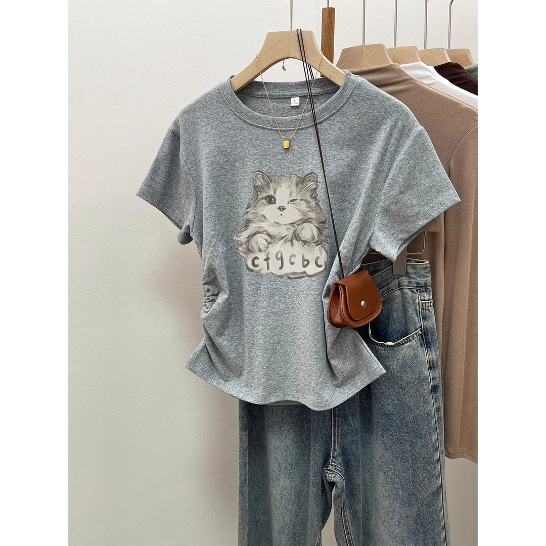 圆领百搭短袖t恤夏季正肩显瘦褶皱半袖气质卡通印花时尚修身上衣