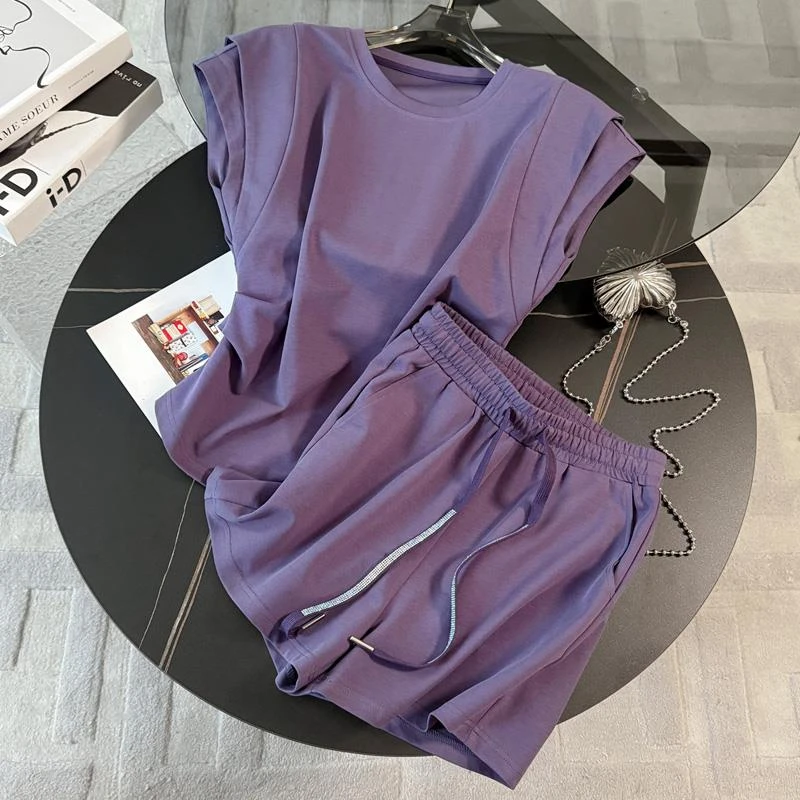 巨好看的运动套装女夏季掐腰显瘦小飞袖上衣短裤紫色休闲两件套装