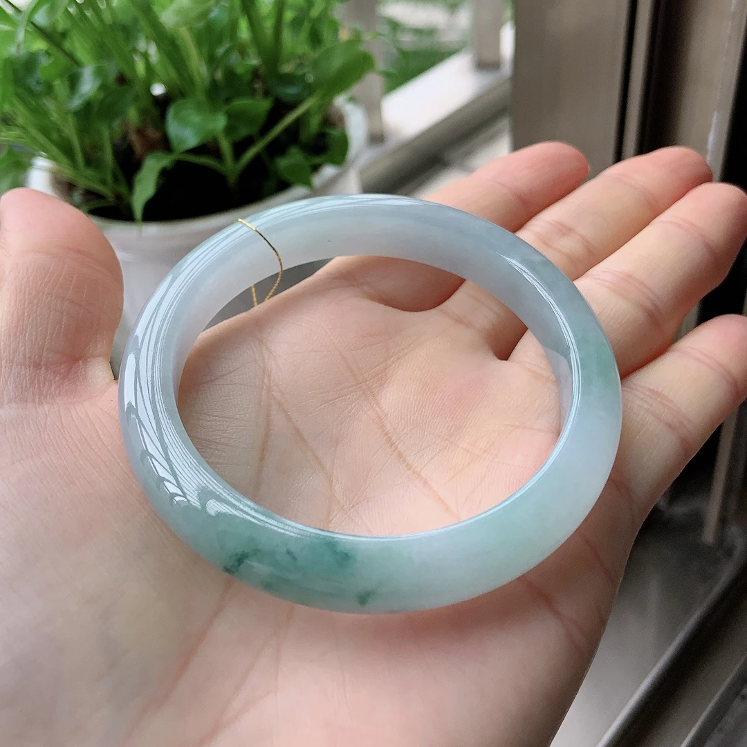 56➕圈糯冰种浅绿飘绿翡翠宽边手镯缅甸天然a货冰透绿色时尚女款