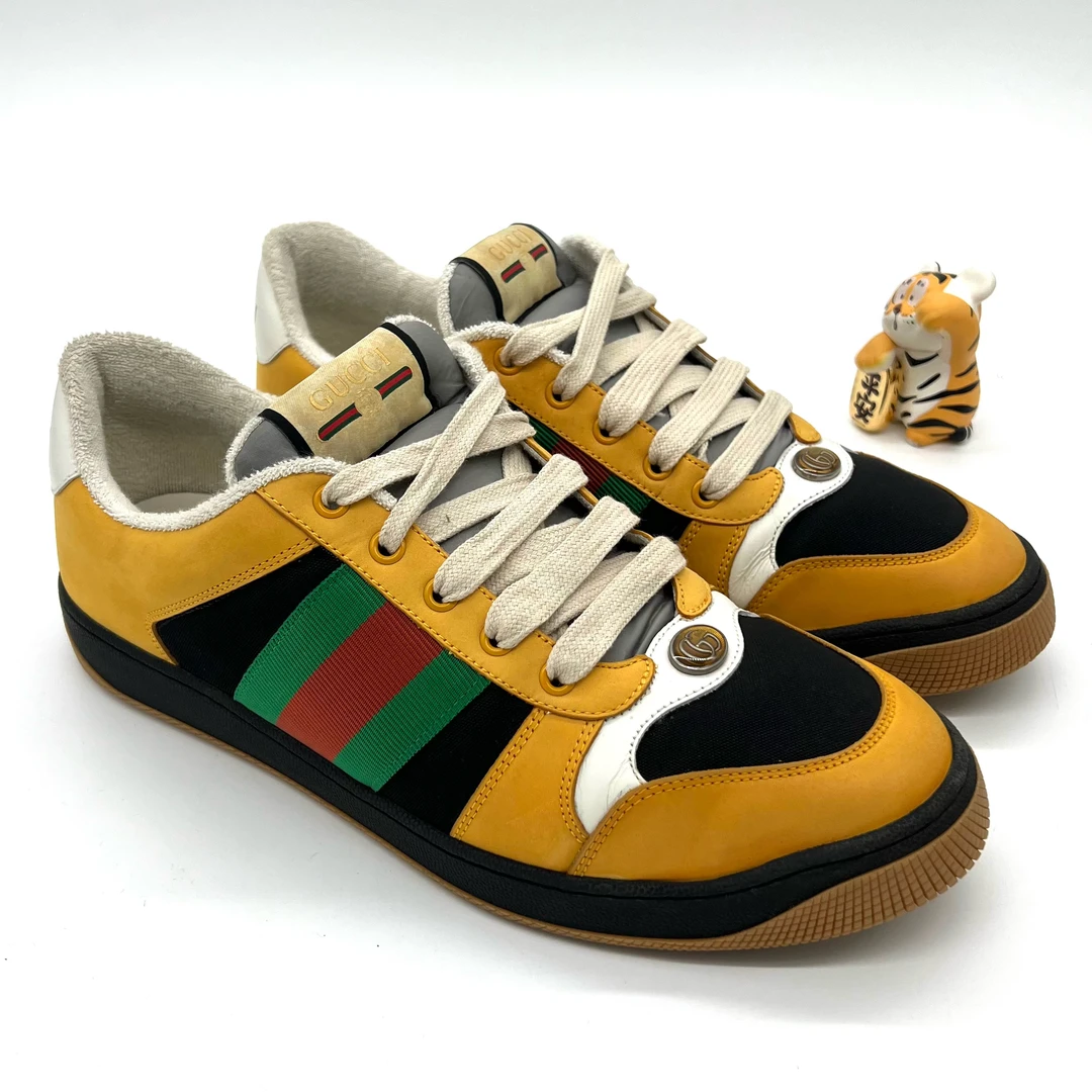 99新 GUCCI/古驰 黄黑色 珐琅脏脏鞋 经典红绿条纹 男士百搭 43码