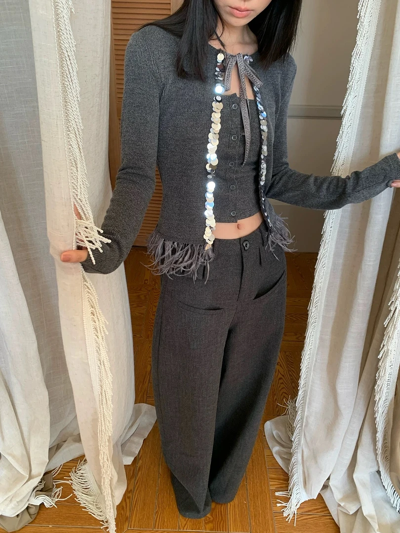 【Huanghuang-Studio】羽毛亮片开衫假两件 版型巨好的小裙摆裤