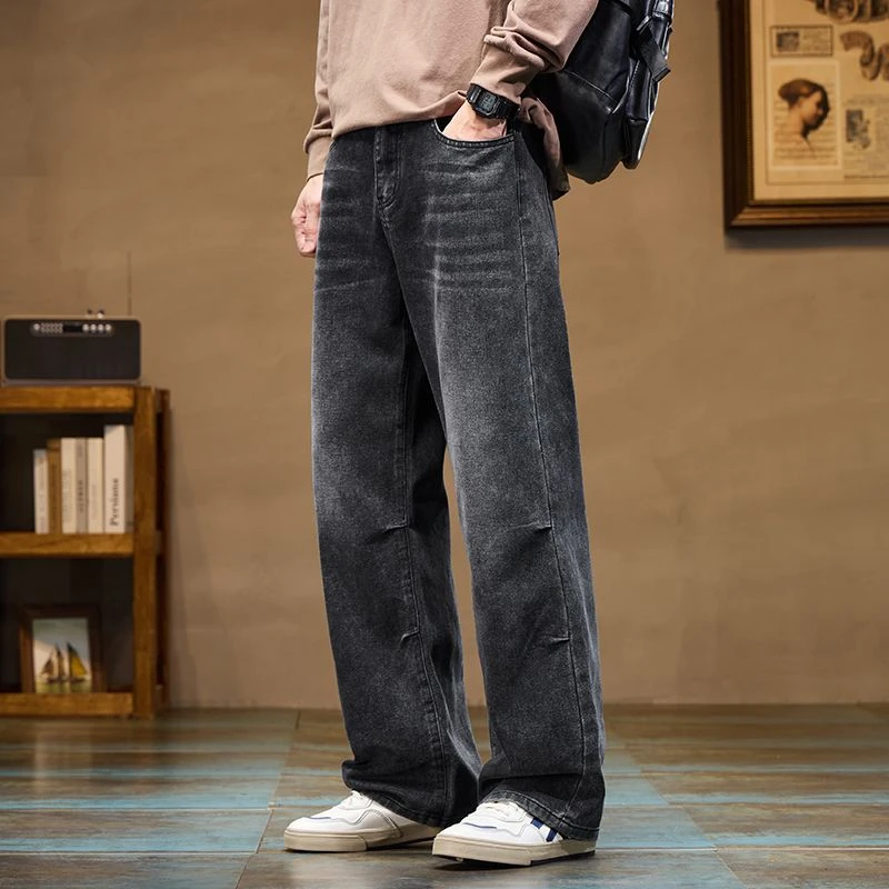 高街cleanfit阔腿牛仔裤男款美式水洗复古直筒裤宽松潮牌休闲长裤