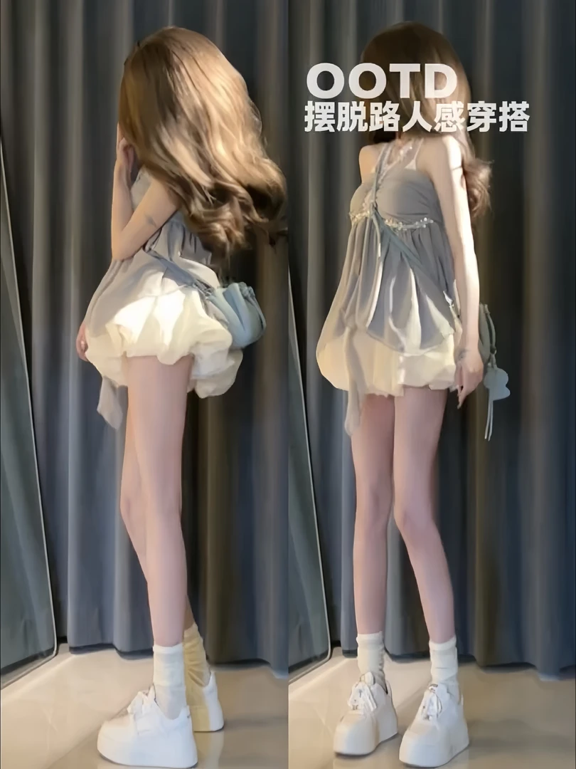 银河灰迹 纯欲风气质手工钉钻挂脖连衣裙女轻纱蓬蓬A字短裙两件套