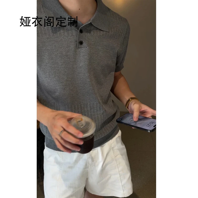 【痞帅慵懒风男装】针织翻领短袖纯色打底娅衣阁定制POLOv领t恤短袖