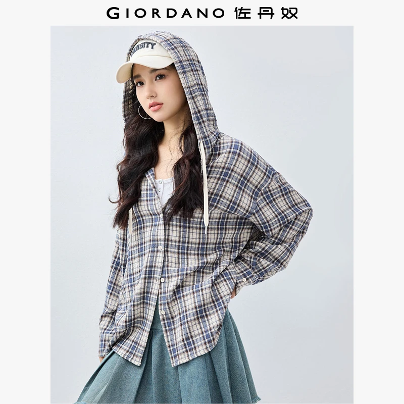 佐丹奴衬衫女装格纹连帽宽松梭织薄外套式长袖衬衫 18345603