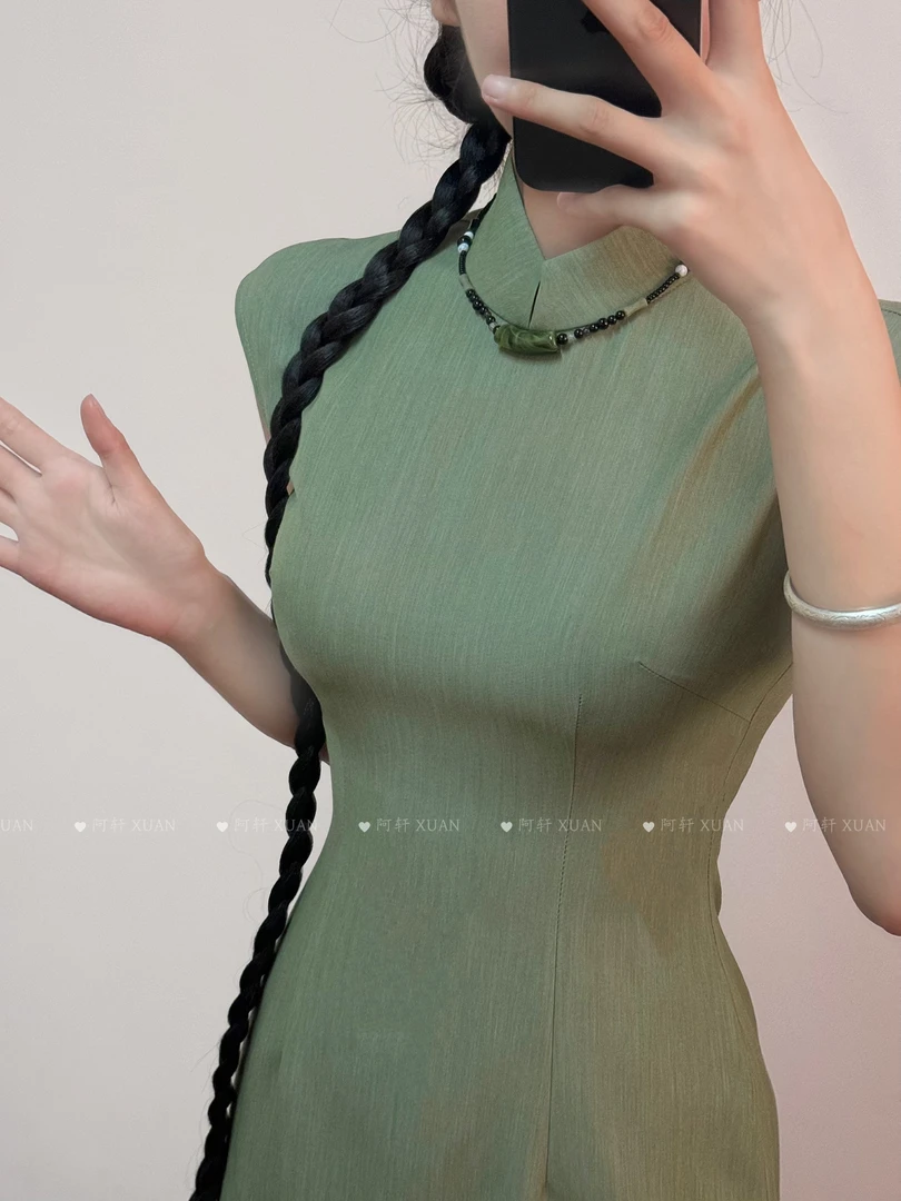 阿轩XUAN 【兰芷】新中式绿色简约小盖袖日常复古旗袍