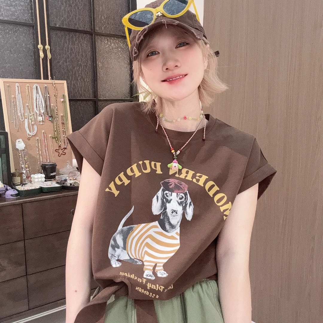 Apr.【腊肠狗】飞飞袖显瘦帅气绑带夏季数码印宽百搭T恤女SC250513