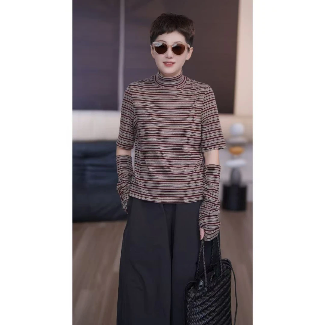 【艳姐推荐】秋冬新款简约气质条纹t恤上衣25580