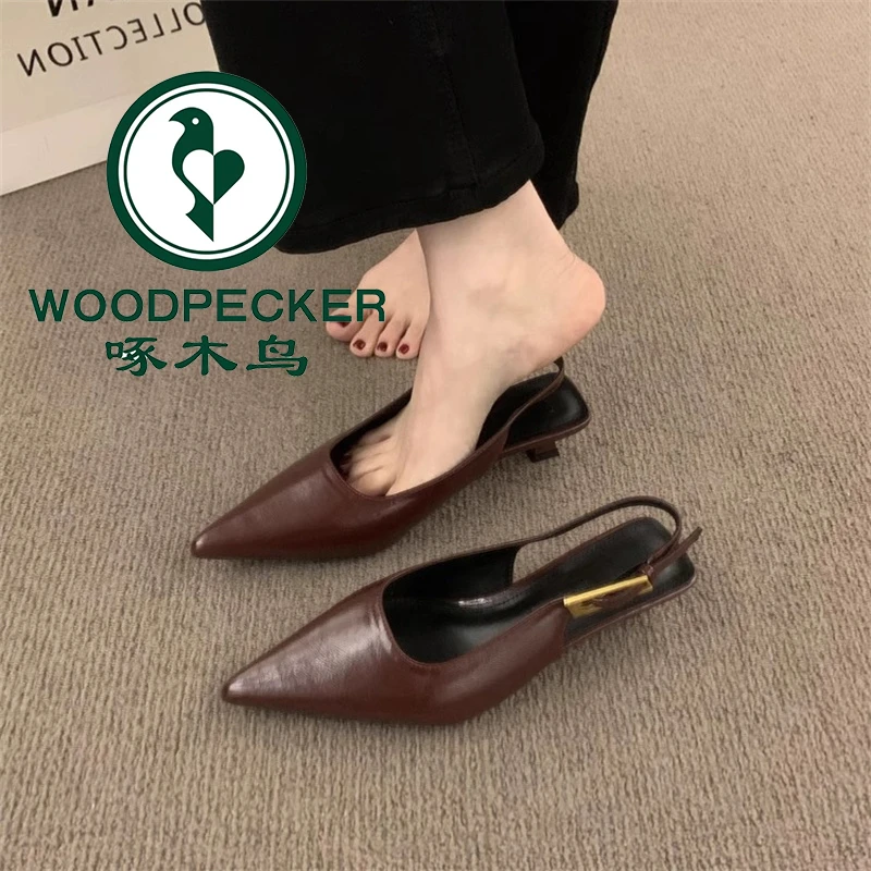 啄木鸟法式复古气质尖头小猫跟包头凉鞋女夏季2025年新款通勤单鞋