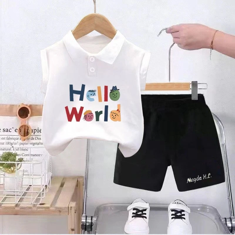 儿童纯棉无袖背心套装夏装新款洋气男童女童宝宝Polo半袖T恤套装5