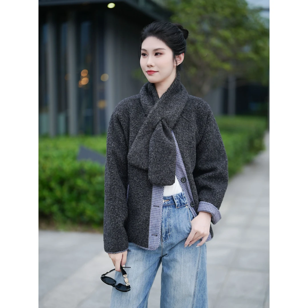 【佳欣】厚款女休闲风/简约风冬毛呢外套纯色外套双面保暖