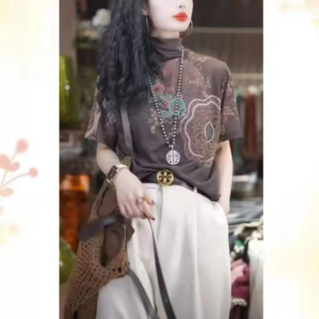 早秋新款时尚洋气新中式立领半高领印花短袖打底衫女