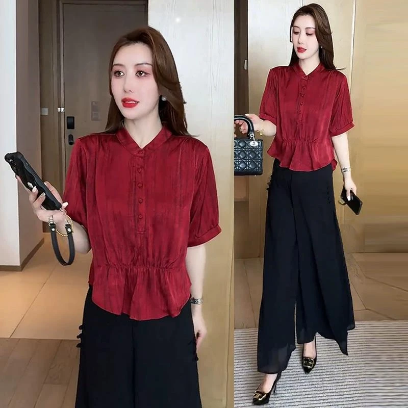 短袖衬衫女2025夏季新款洋气褶皱收腰遮肚显瘦小个子休闲冰丝上衣