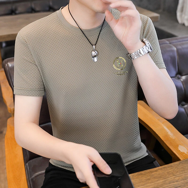 男士冰丝薄款短袖T恤夏季新款休闲半袖t恤镂空透气百搭圆领打底衫
