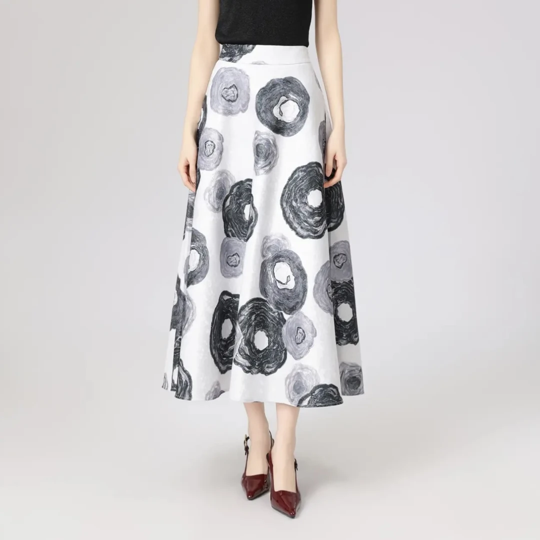 AMASS/阿玛施早春新款高腰A字裙水墨圆点复古百搭半身裙5200428