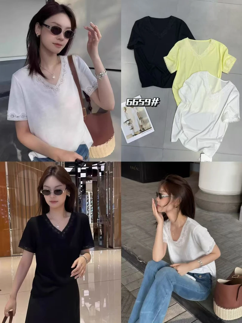 美美推荐6659伊歌莉蕾丝V领短袖休闲T恤