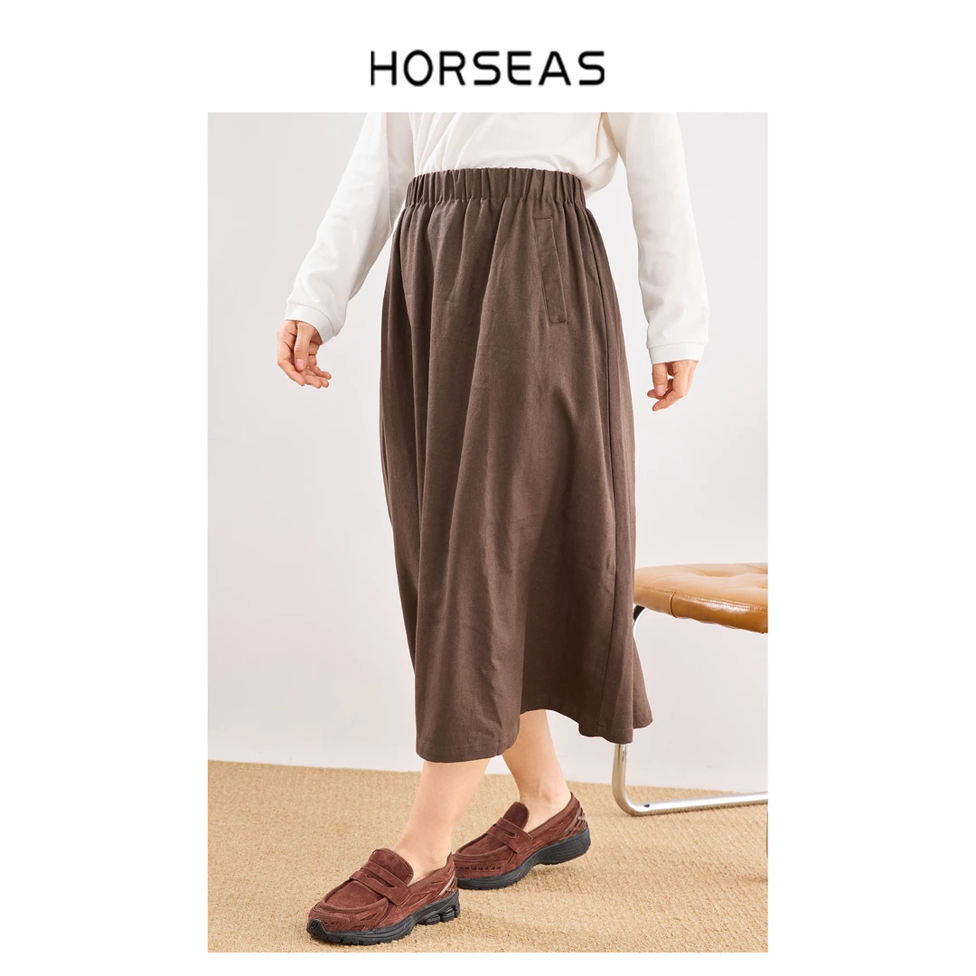 THE HORSEAS/海边的马汉麻涤纶混纺 休闲A字伞裙廓形复古半裙女