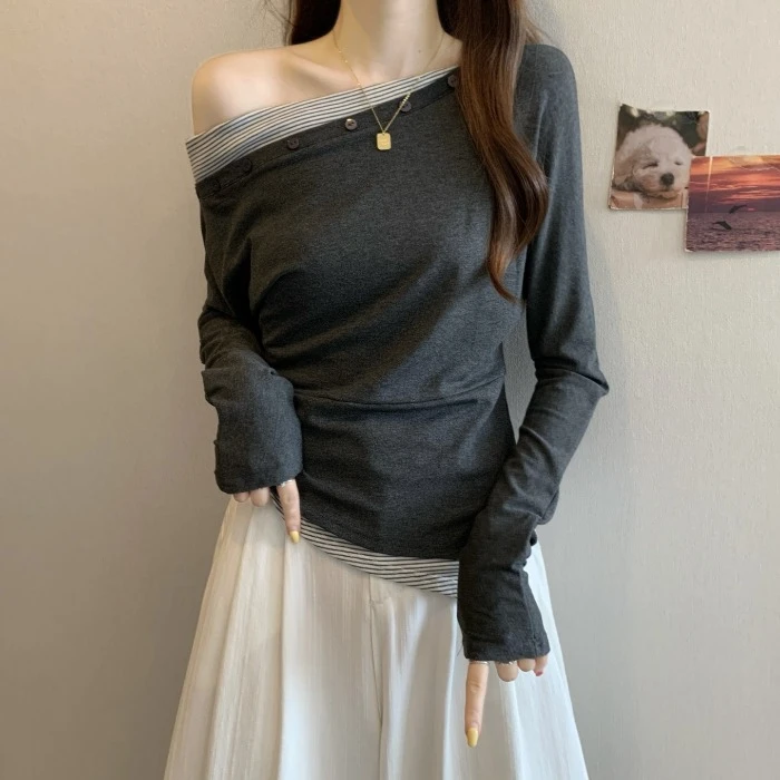 不规则打底衫女2025春秋长袖t恤显瘦斜领设计感胖mm大码露肩上衣