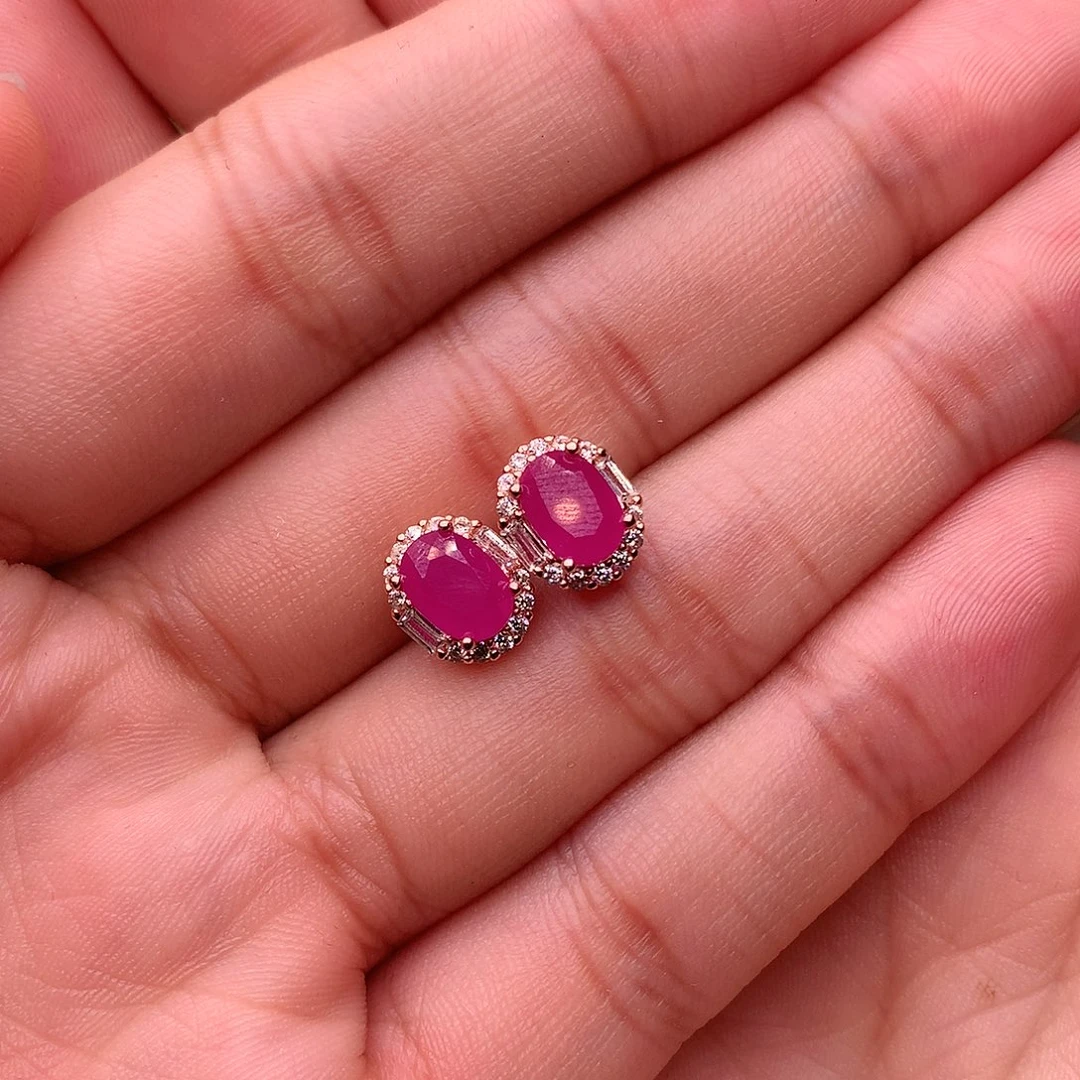 红宝石耳饰银S925镶嵌