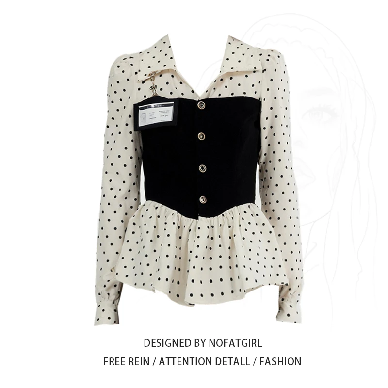 大码胖妹妹miu系千金风收腰波点上衣女春季设计感减龄假两件衬衫