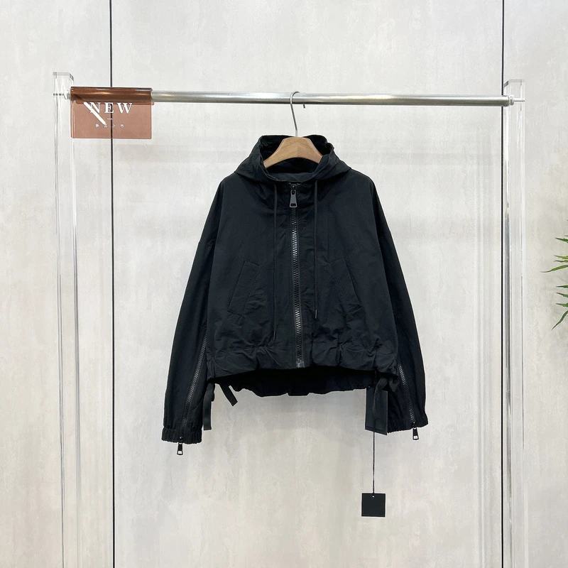 欧货秋季黑色连帽宽松显瘦大拉链工装外套女时尚抽绳冲锋衣73825