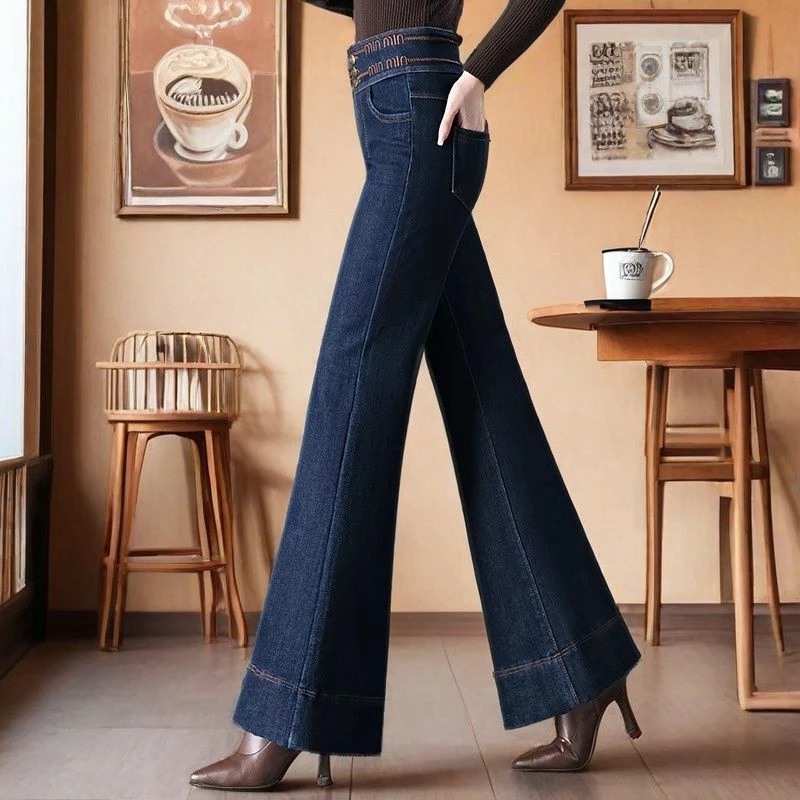 蓝色复古时尚修身牛仔裤刺绣加绒加厚高腰长裤喇叭裤简约冬季