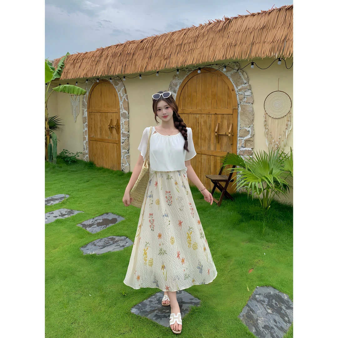 长2025夏季款胖mm大码女拼接碎花假两件连衣裙优雅气质a字裙64860