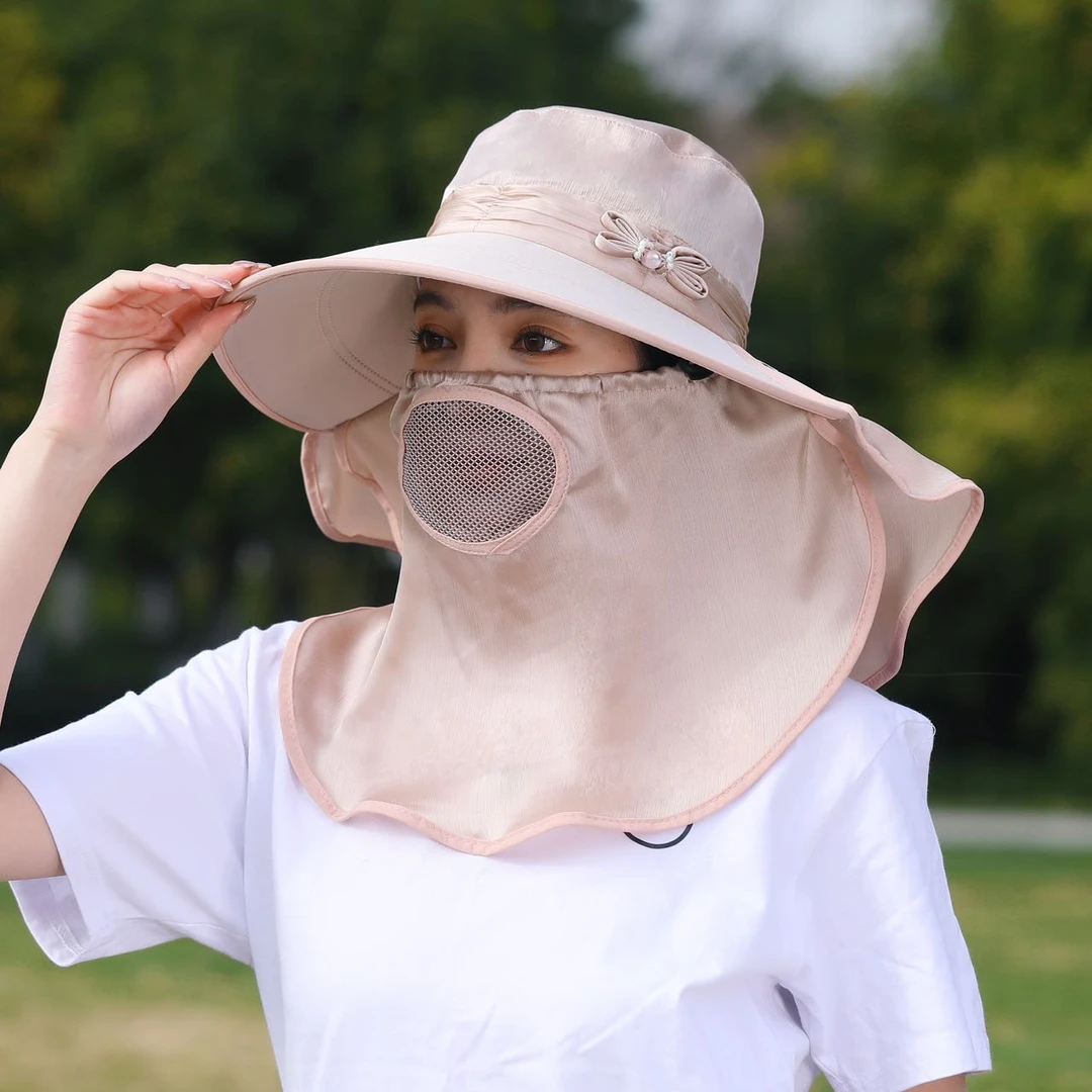 新款帽子女防晒帽紫外线大檐透气口罩太阳帽采茶帽户外遮阳女款