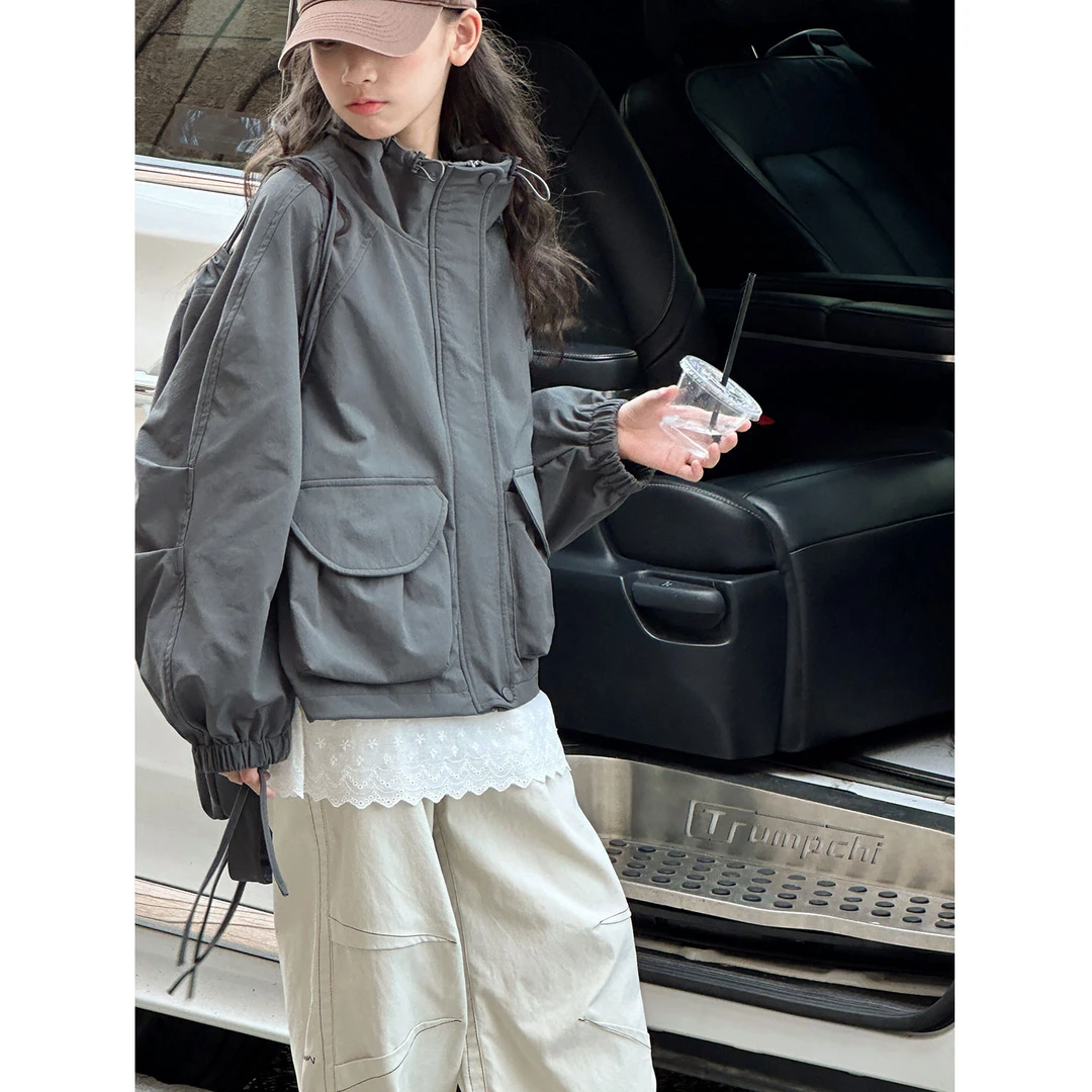 K29423孙小美韩系女童工装外套2025秋装新款上衣春秋女大童拉链衫