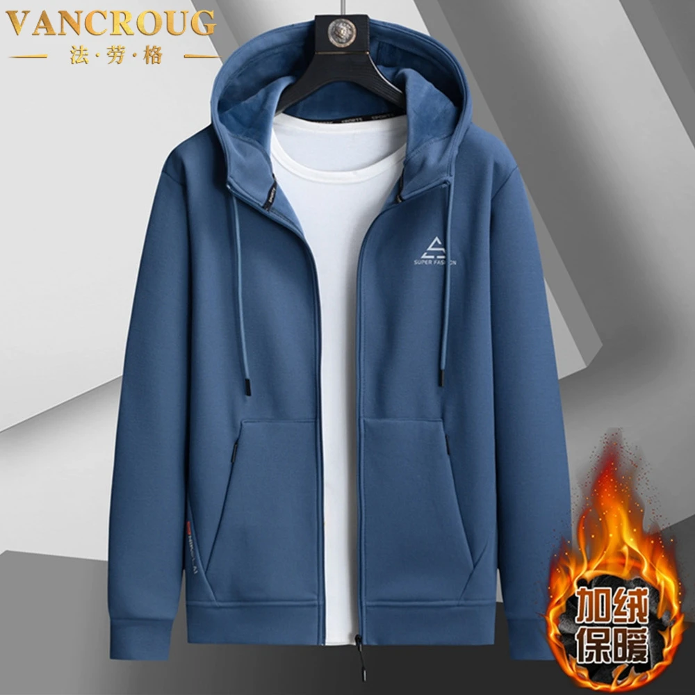 VANCROUG/法劳格卫衣男士秋冬加绒加厚大码宽松连帽开衫保暖卫衣
