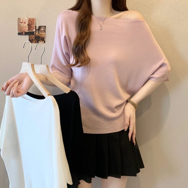 大码胖MM夏季新款鱼嘴领蝙蝠袖宽松大版短袖套头针织衫天丝