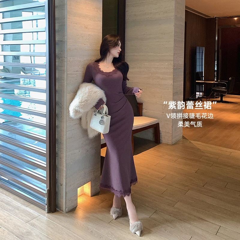 【汪汪专属】氛围感优雅女秋冬鱼尾裙V领蕾丝拼接修身连衣裙