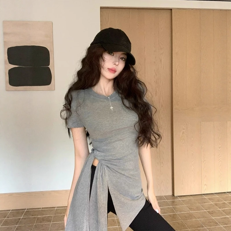 不规则绑带开叉掐腰灰色短袖T恤女夏修身收腰正肩设计感体恤上衣