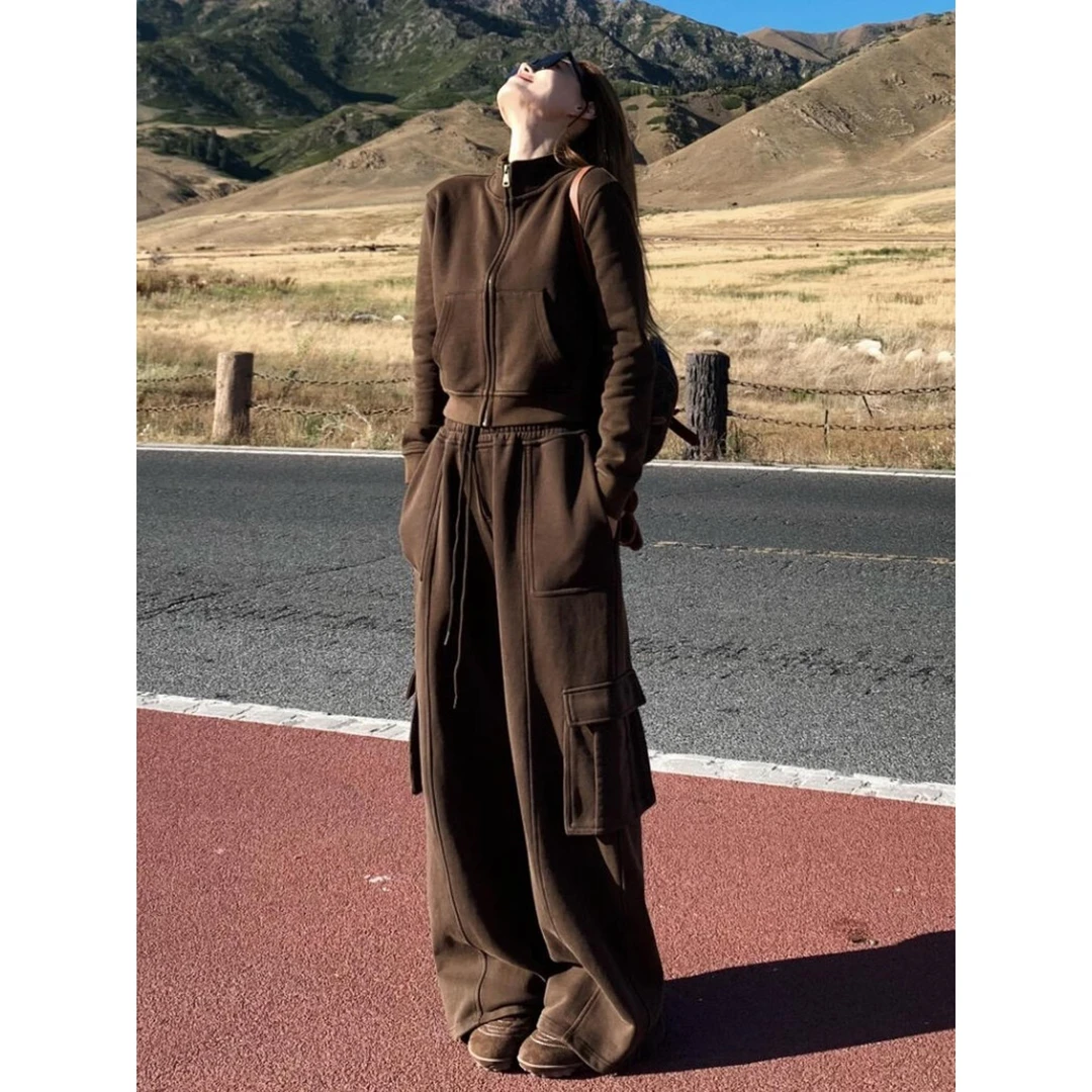 2025秋季新款又a又飒美拉德穿搭小香风棕色上衣阔腿裤两件套装女