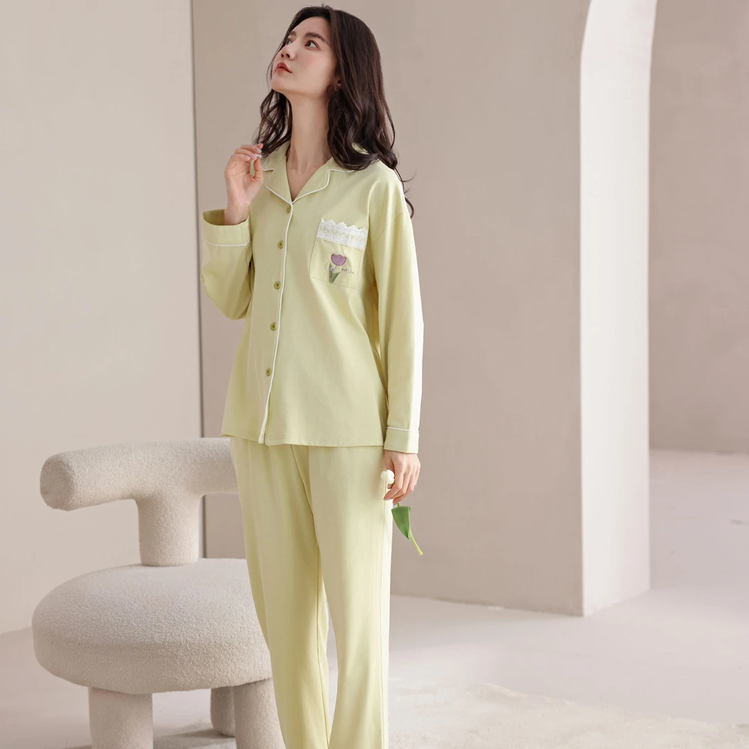 2024新款莉莉家女士加厚纯棉郁金香开衫长袖睡衣家居服套装可外穿