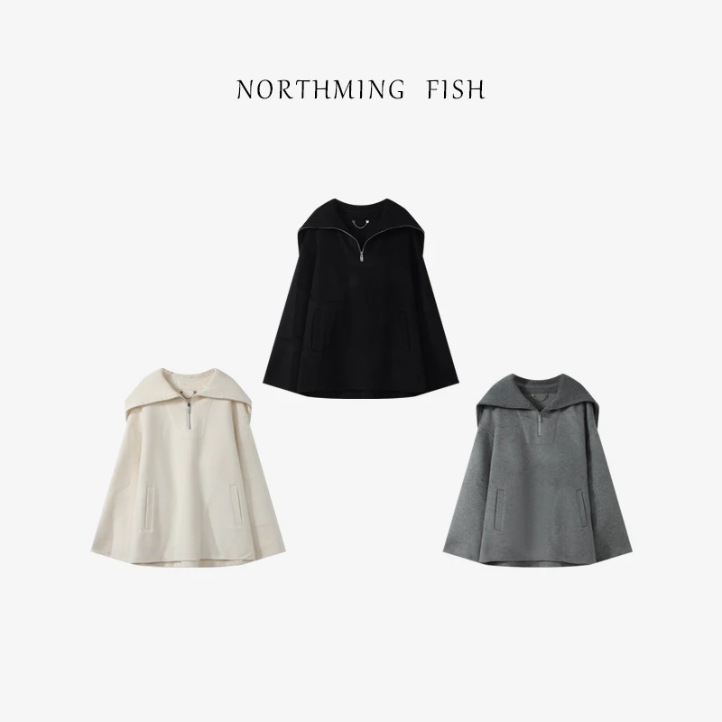 NorthMing fish 休闲宽松 简约翻领斗篷式大衣
