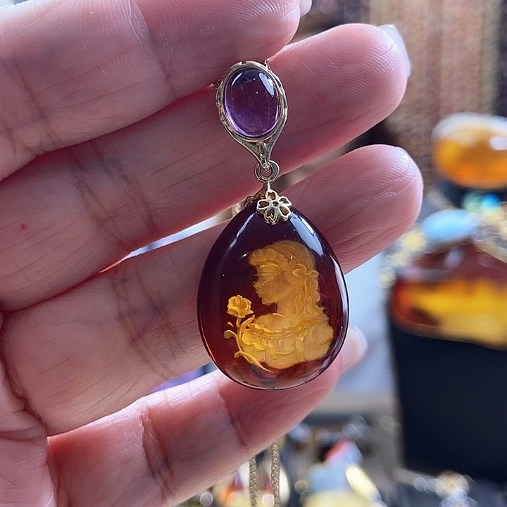 琥珀银S925镶嵌颈饰吊坠