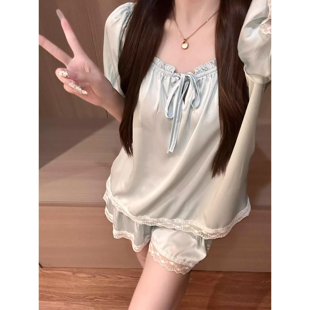 韩系温柔高级感花边拼接短袖睡衣女夏2025新款缎面冰丝家居服套装